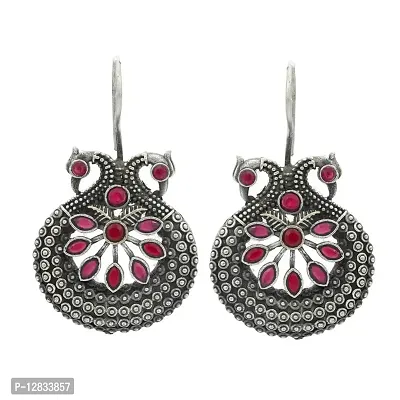 V L IMPEX Small Peacock Theme Pink Antique Silver Hanging Earrings-thumb0