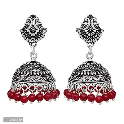 V L IMPEX Sun Shape Tops Jhumki Chokar Necklace Silver Oxidised Jewellery Combo Set for Women/Girls (Maroon)-thumb2