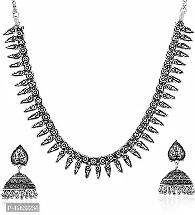 V L IMPEX Oxidized German Silver Choker Necklace with Earrings for Women and Girls (VLGSN49SLV