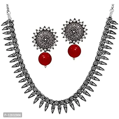 V L IMPEX Chokar Necklace And Stud Earring Silver Oxidised Jewellery Combo Set for Women/Girls (Maroon)