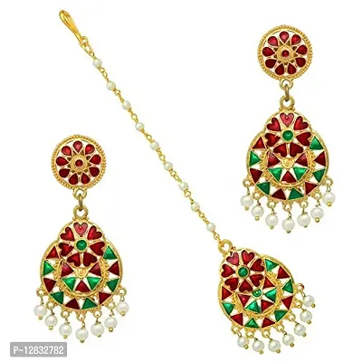 V L IMPEXHand Made Maroon Green Colour Meena Work Earring with Maang Tika Set for Girls and Women