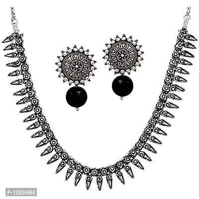 V L IMPEX Chokar Necklace And Stud Earring Silver Oxidised Jewellery Combo Set for Women/Girls (Black)