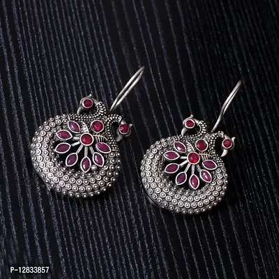 V L IMPEX Small Peacock Theme Pink Antique Silver Hanging Earrings-thumb3