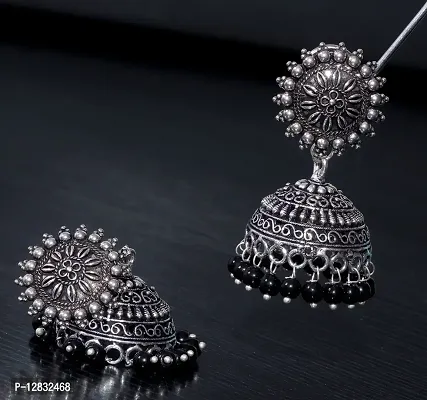 V L IMPEX Sun Shape Tops Jhumki Chokar Necklace Silver Oxidised Jewellery Combo Set for Women/Girls (Black)-thumb5