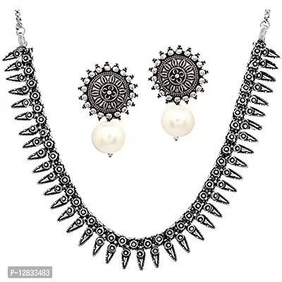 V L IMPEX Chokar Necklace And Stud Earring Silver Oxidised Jewellery Combo Set for Women/Girls (White)