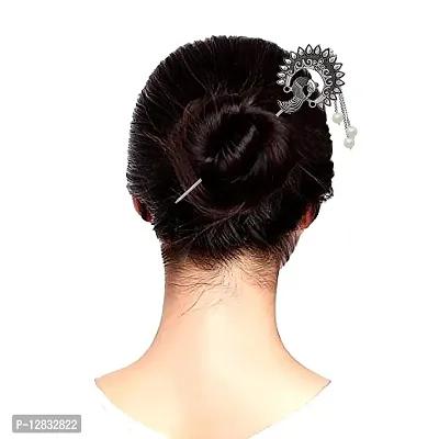 V L IMPEX Peacock Design Hair Stick for Bun Designer Metal Hair Pin for Women (VLHP31PRL)-thumb3