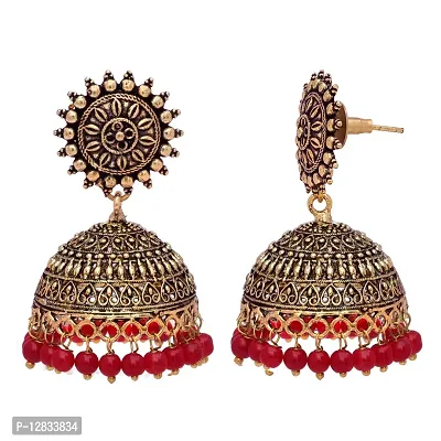 V L IMPEX Sun Shape Lightweight With Maroon Color Gold Plating Oxidised Jhumki Jhumka Earrings for Girls-thumb3