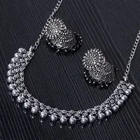 V L IMPEX Sun Shape Tops Jhumki Chokar Necklace Silver Oxidised Jewellery Combo Set for Women/Girls (Black)-thumb1
