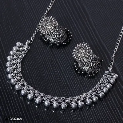 V L IMPEX Sun Shape Tops Jhumki Chokar Necklace Silver Oxidised Jewellery Combo Set for Women/Girls (Black)-thumb2