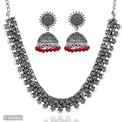 V L IMPEX Sun Shape Tops Jhumki Chokar Necklace Silver Oxidised Jewellery Combo Set for Women/Girls (Maroon)-thumb0