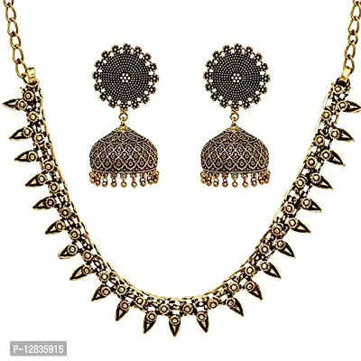 V L IMPEX Round Chokar Necklace And Jhumki Earring Brass Oxidised Jewellery Combo Set for Women/ Girls