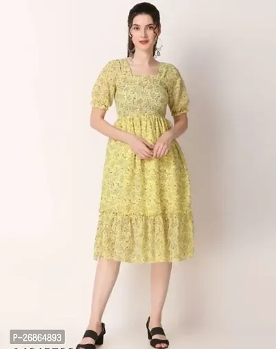 Stylish Yellow Cotton Blend Printed Fit And Flare Dress For Women-thumb0