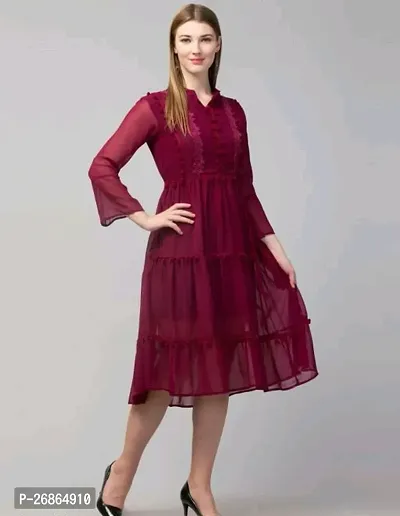 Stylish Maroon Cotton Blend Solid Fit And Flare Dress For Women