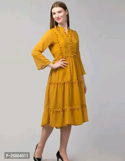 Stylish Yellow Cotton Blend Solid Fit And Flare Dress For Women