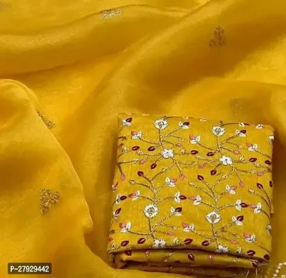Beautiful Organza Yellow Embroidered Saree With Blouse Pieces-thumb0