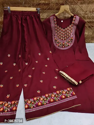 Beautiful Rayon Maroon Embroidered Kurta Palazzo And Dupatta Set For Women-thumb3