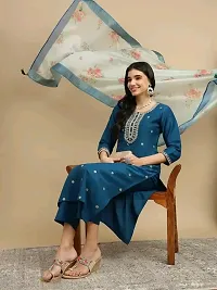 Beautiful Cotton Slub Blue Embroidered Kurta Pant And Dupatta Set For Women-thumb1