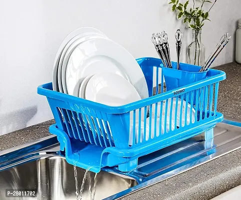 Blue 3 in 1 Large Durable Plastic Kitchen Sink Dish Rack Drainer Drying Rack Washing Basket with Tray for Kitchen, Dish Rack Organizers, Utensils Tools Cutlery-thumb0