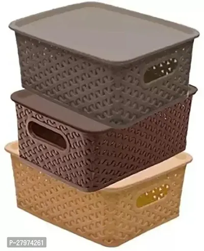 tvAt 3 Pcs Plastic Multipurpose Solitaire Storage Basket with Lid|Side Handles  Wovan Design-thumb0