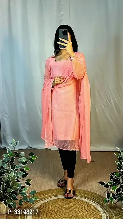 Stylish Peach Georgette Kurta With Dupatta For Women