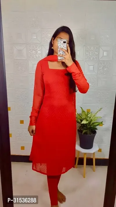 Stylish Red Georgette Kurta With Dupatta Set For Women-thumb0