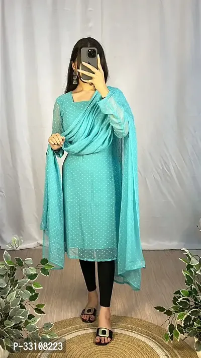 Stylish Turquoise Georgette Kurta With Dupatta For Women