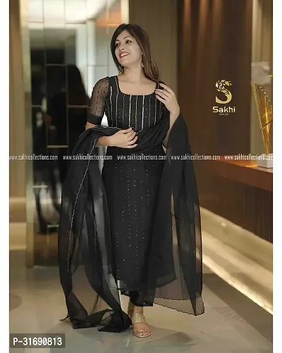 Stylish Black Organza Printed Kurta, Bottom and Dupatta Set For Women-thumb3