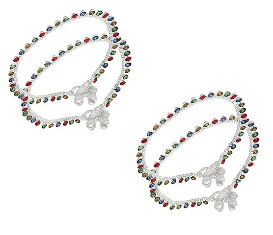 Traditional Sterling Women Anklets Payal Pair with Attached Ghungroo Fashion Designer Barefoot Foot Jewellery Pack of 2