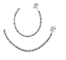 Traditional Sterling Multicolor Women Anklets Payal Pair with Attached Ghungroo Fashion Designer Barefoot Foot Jewellery Pack of 2-thumb2