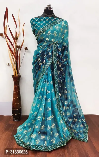 Elegant Blue Georgette Printed Saree With Blouse Piece For Women-thumb0