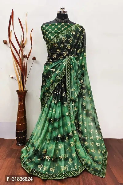 Elegant Green Georgette Printed Saree With Blouse Piece For Women