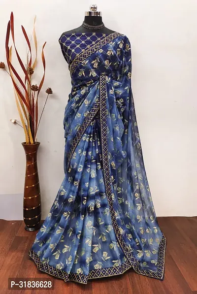 Elegant Blue Georgette Printed Saree With Blouse Piece For Women