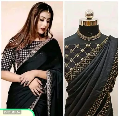 Beautiful Black Art Silk Solid Saree with Blouse Piece For women-thumb0