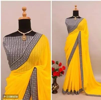 Elegant Yellow Georgette Embellished Saree With Blouse Piece For Women-thumb0