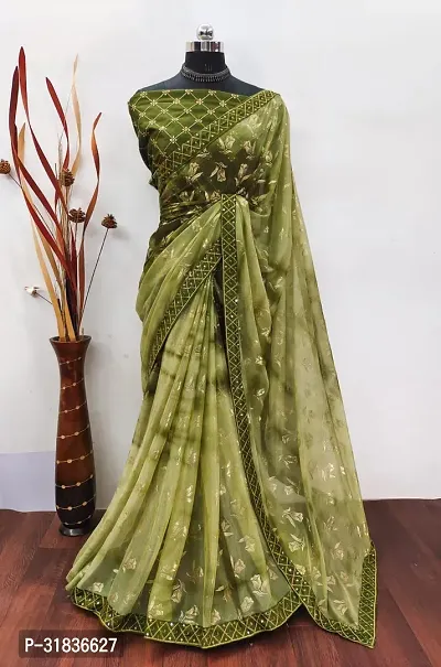 Elegant Green Georgette Printed Saree With Blouse Piece For Women