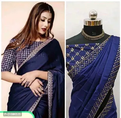 Beautiful Navy Blue Art Silk Solid Saree with Blouse Piece For women-thumb0