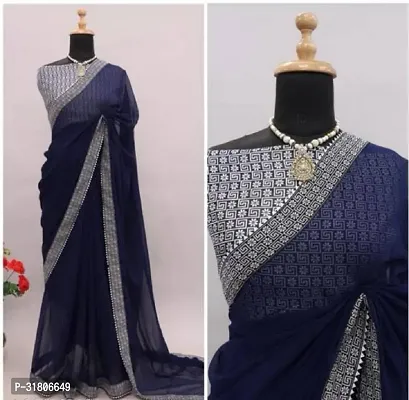 Elegant Navy Blue Georgette Embellished Saree With Blouse Piece For Women-thumb0