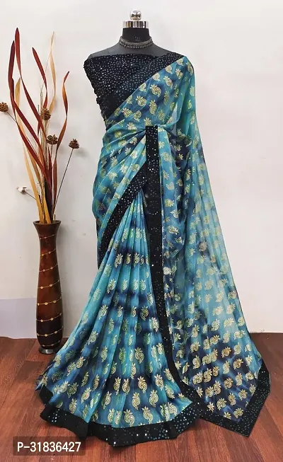 Elegant Blue Georgette Printed Saree With Blouse Piece For Women-thumb0