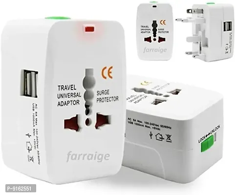 Travel Adapter with Built-in Dual USB Charger Ports 100-240V Surge/Spike Protected Electrical Plug (White)-thumb0