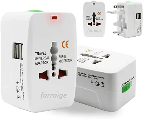 Travel Adapter with Built-in Dual USB Charger Ports 100-240V Surge/Spike Protected Electrical Plug (White)