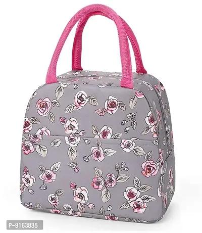 Rose Flower Grey Insulated Lunch Bags Small for Women Work,Student Kids to School,Thermal Cooler Tote Bag Picnic Organizer-thumb0