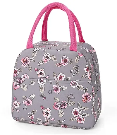 Rose Flower Grey Insulated Lunch Bags Small for Women Work,Student Kids to School,Thermal Cooler Tote Bag Picnic Organizer