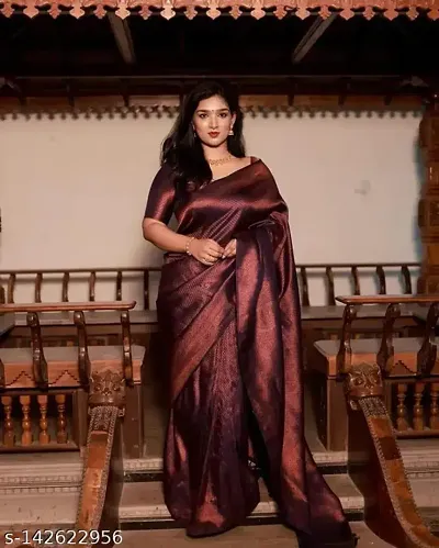 Lyuson Women's Kanjivaram Soft Silk Traditional Saree With Attach Unstitched Blouse Piece