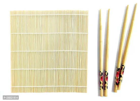 Definite Re-Usable And Eco-Friendly Natural Bamboo Sushi Mat Rice Rolling Cozinha With 2 Pair Of Chopsticks(Brown)