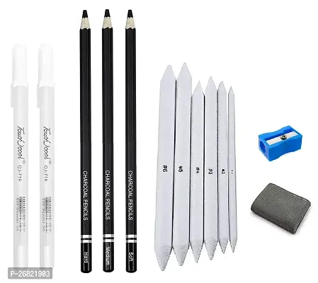 Definite Art Black Charcoal Pencils Set With 2 White Highlight Gel Pen And Blending Paper Stumps And 1 Kneadable Eraser(Pack Of 3X Balck Pencil, 2X Pen, 6X Stumps and 1X Eraser