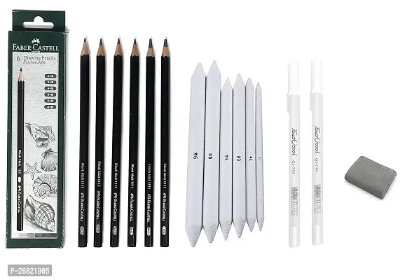 Definite Art Faber Castell Art Graphite Sketching Drawing Shading Pencils With Blending Paper Stumps, Kneadable Art Eraser And 2 White Highlight Gel Rolly Pen