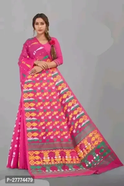 Stylish Pink Jamdani Saree With Blouse Piece For Women-thumb0