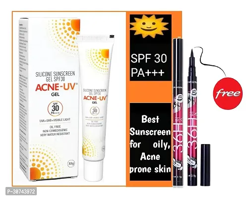 Acne-UV Sunscreen gel with Broad Spectrum UVA/UVB  | Oil Free  Water Resistant | Gel SPF 30 60 g  With 36 h eyelinear