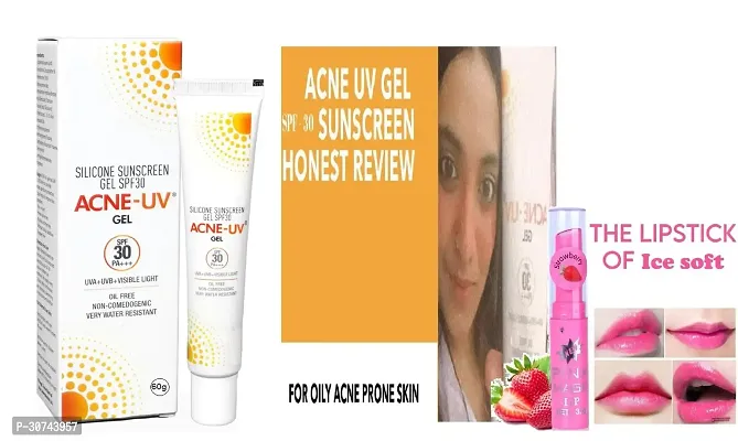 Acne-UV Sunscreen gel with Broad Spectrum UVA/UVB Protection | Oil Free  Water Resistant | Gel SPF 30 - 60 g With Pink magic lipbalm