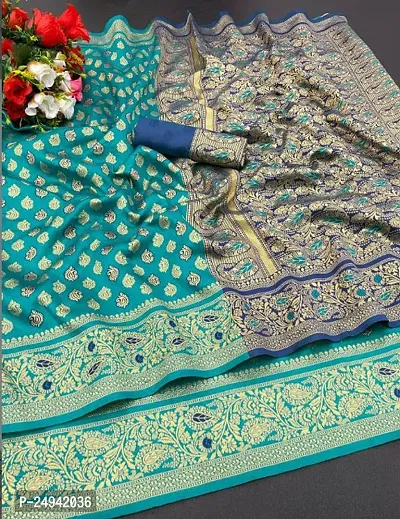 Stylish Banarasi Silk Blue Printed Saree with Blouse Piece-thumb0